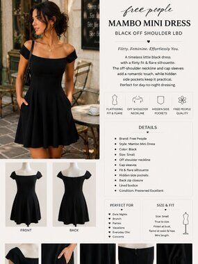 Free People Mambo Mini Dress Womens S Black Off Shoulder Pockets Flirty LBD